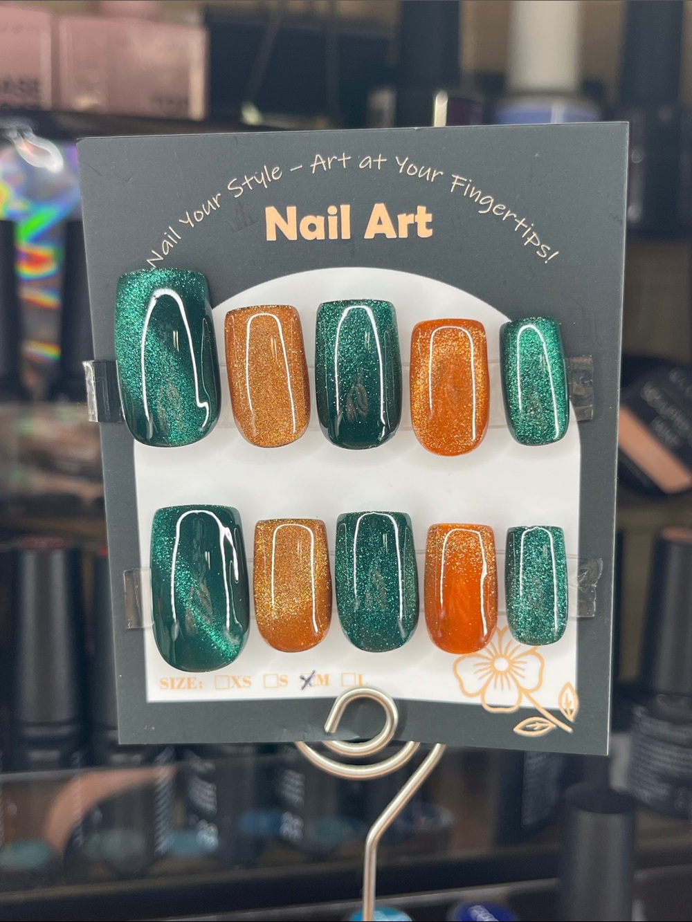 Press-On Nails Cat eye Green and brown Glittery size small square